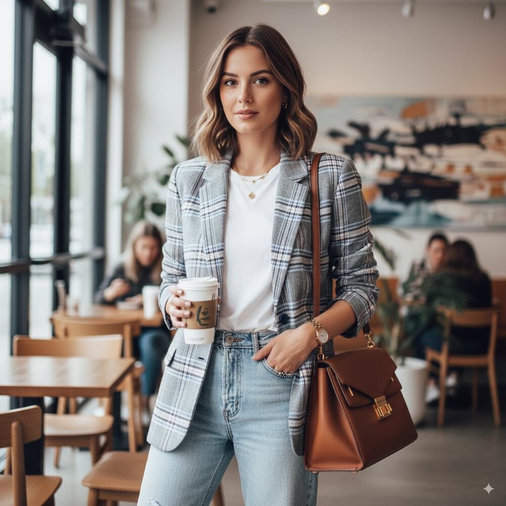 NWT The Fifth Label Discover Oversized Blazer in Midnight with Pink Check